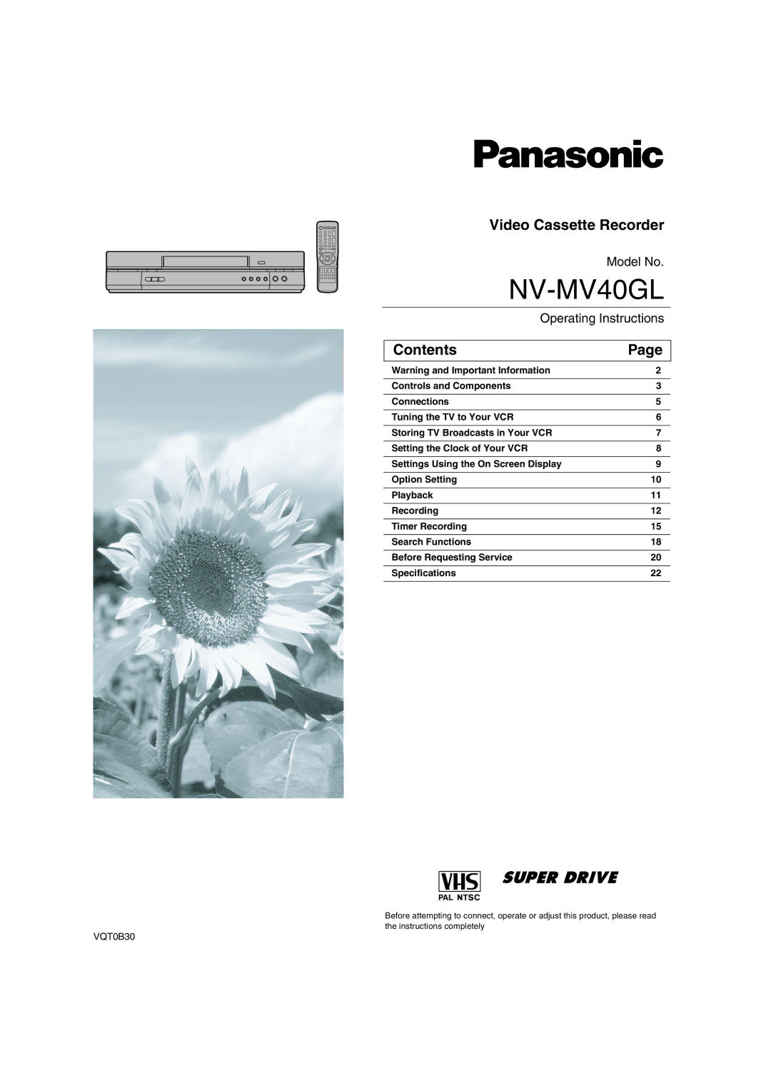 Panasonic NV-MV40GL specifications Video Cassette Recorder, Contents 