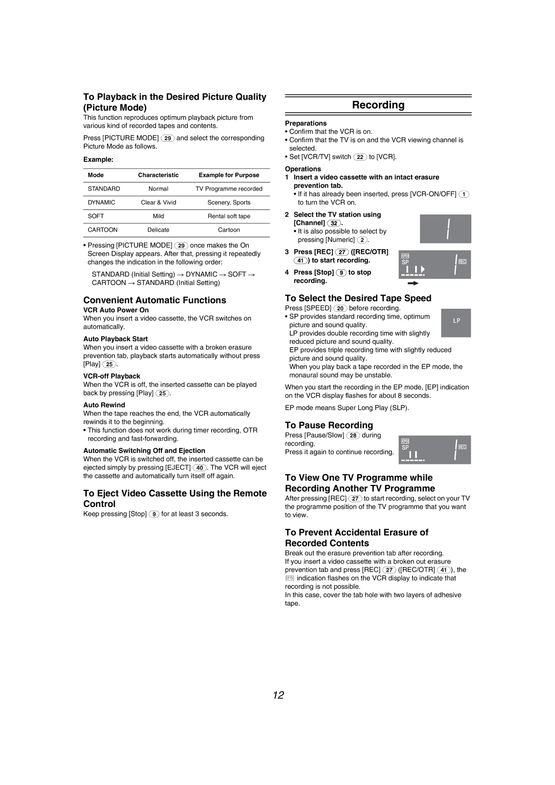 Panasonic NV-MV40GL specifications Recording 