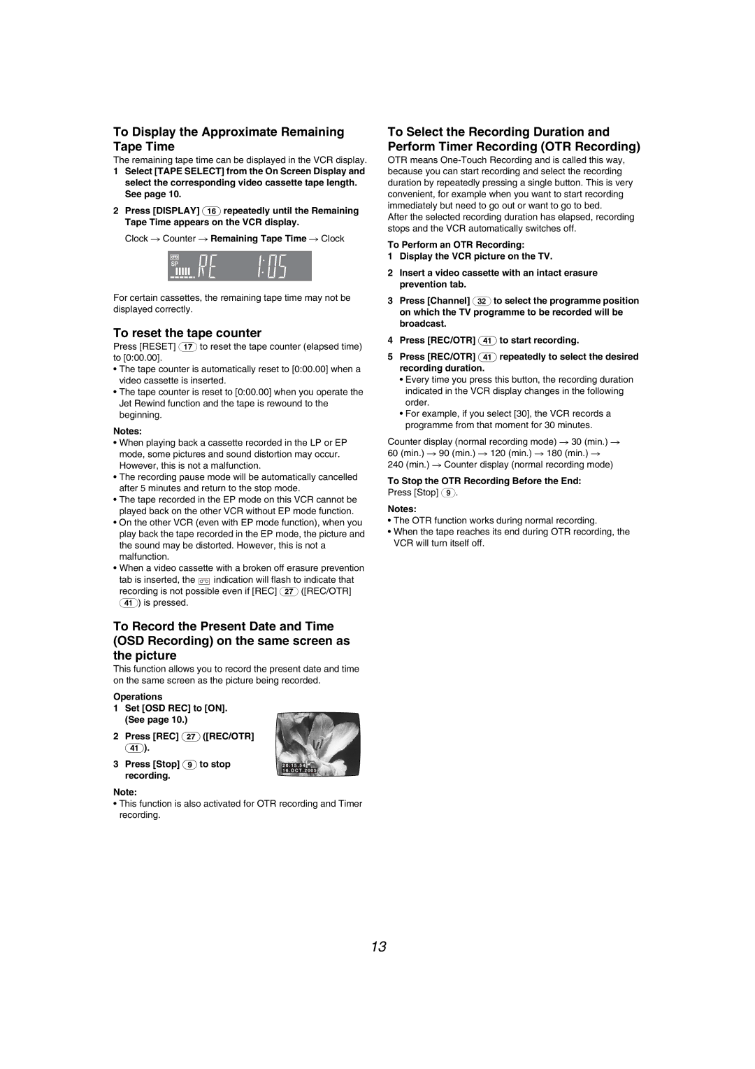 Panasonic NV-MV40GL specifications To Display the Approximate Remaining Tape Time, To reset the tape counter 