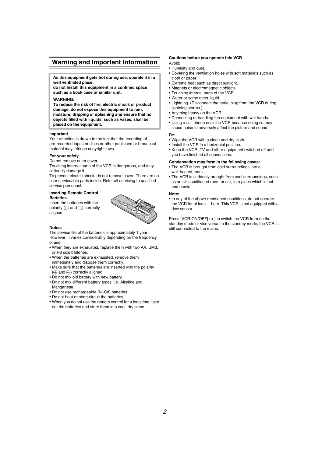 Panasonic NV-MV40GL For your safety, Inserting Remote Control Batteries, Condensation may form in the following cases 