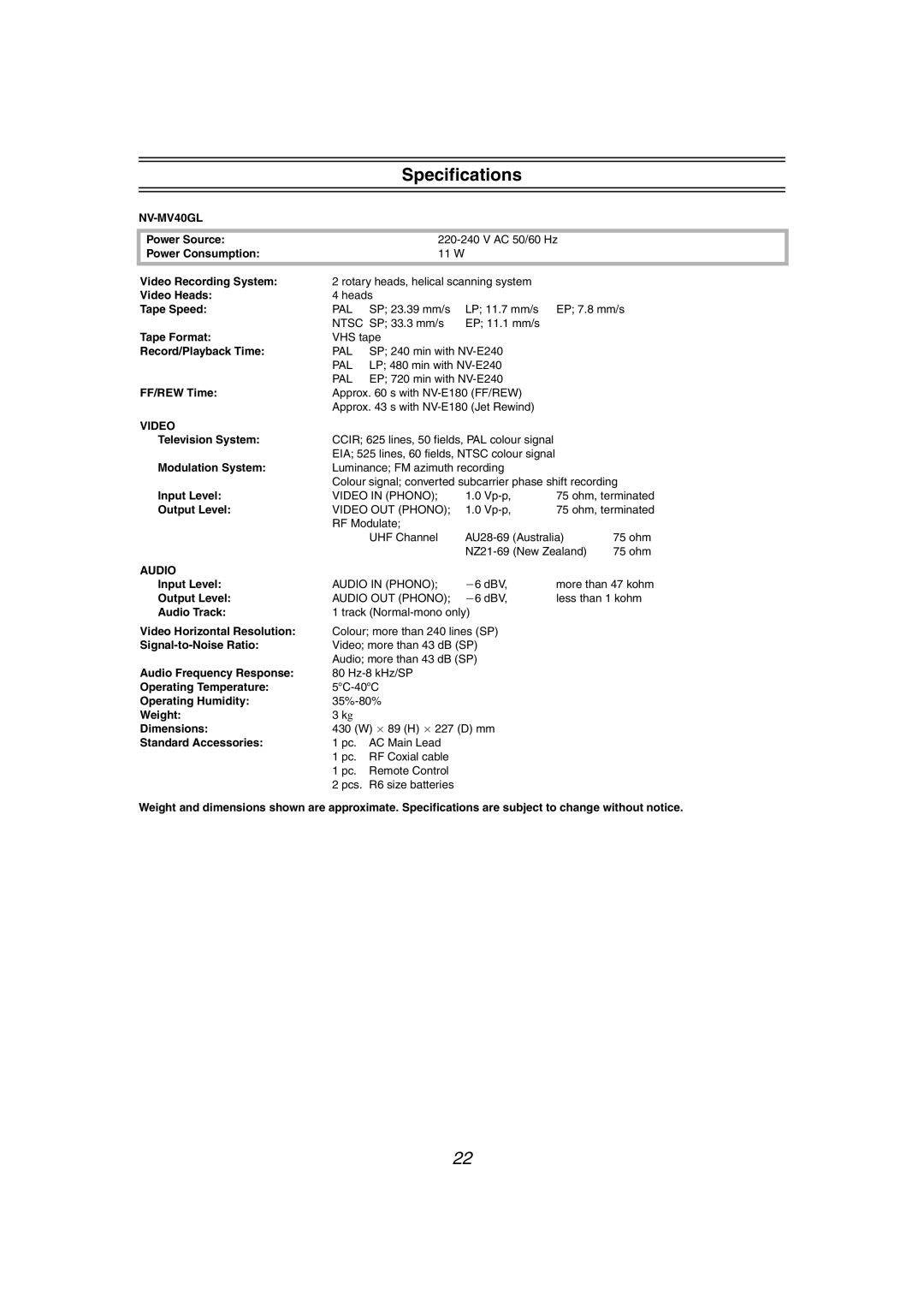 Panasonic NV-MV40GL specifications Specifications 