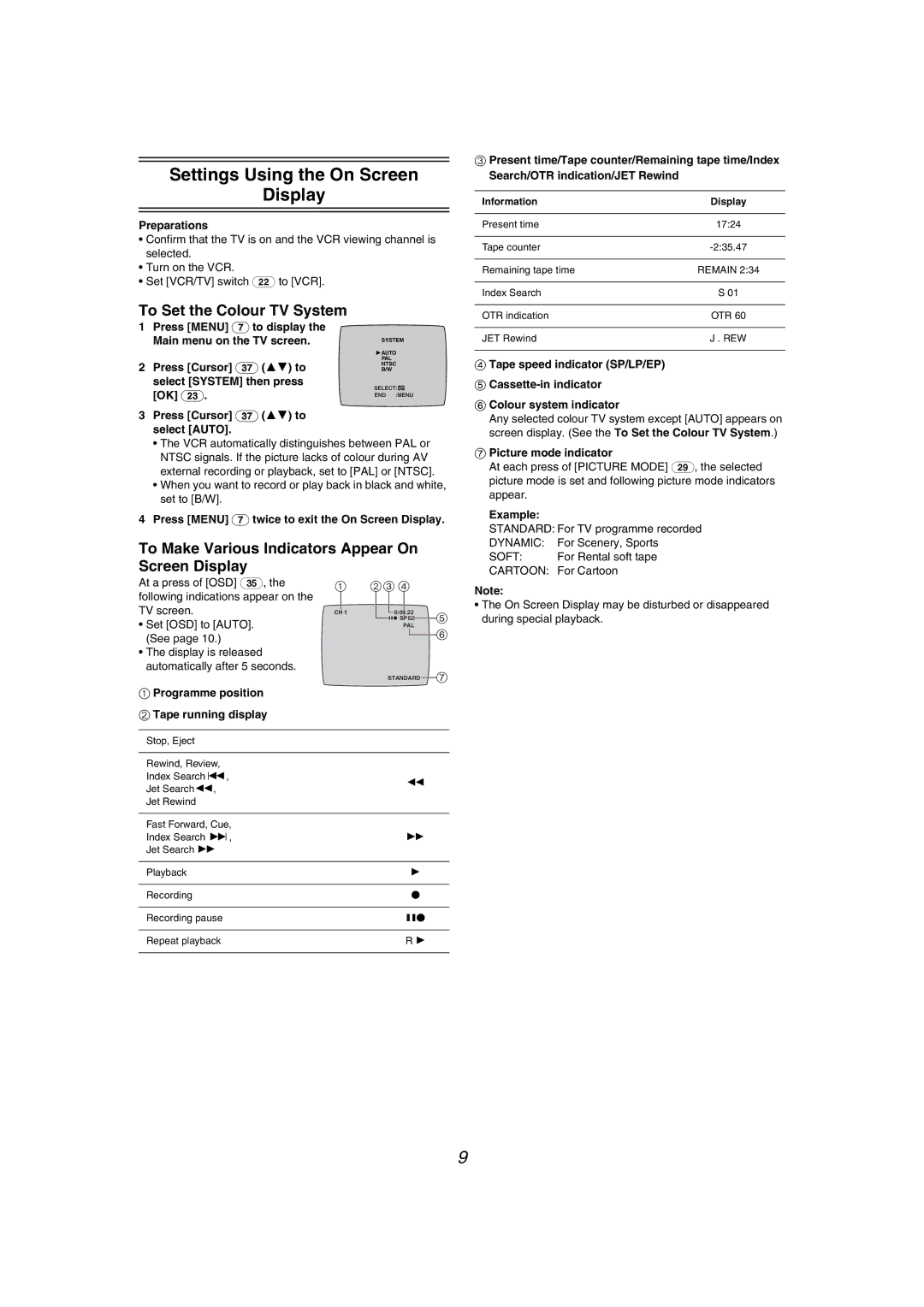 Panasonic NV-MV40GL specifications Settings Using the On Screen Display, To Set the Colour TV System 