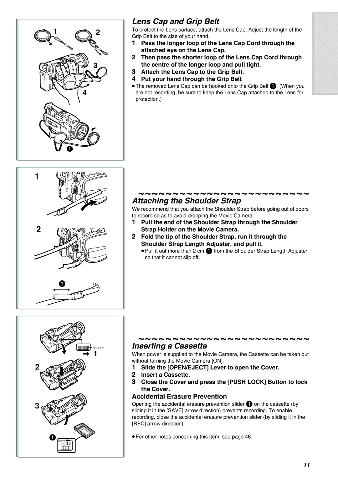 Panasonic NV-MX8A operating instructions Lens Cap and Grip Belt, Attaching the Shoulder Strap, Inserting a Cassette 