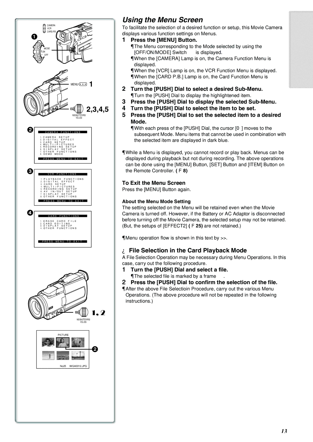 Panasonic NV-MX8A operating instructions Using the Menu Screen, File Selection in the Card Playback Mode 