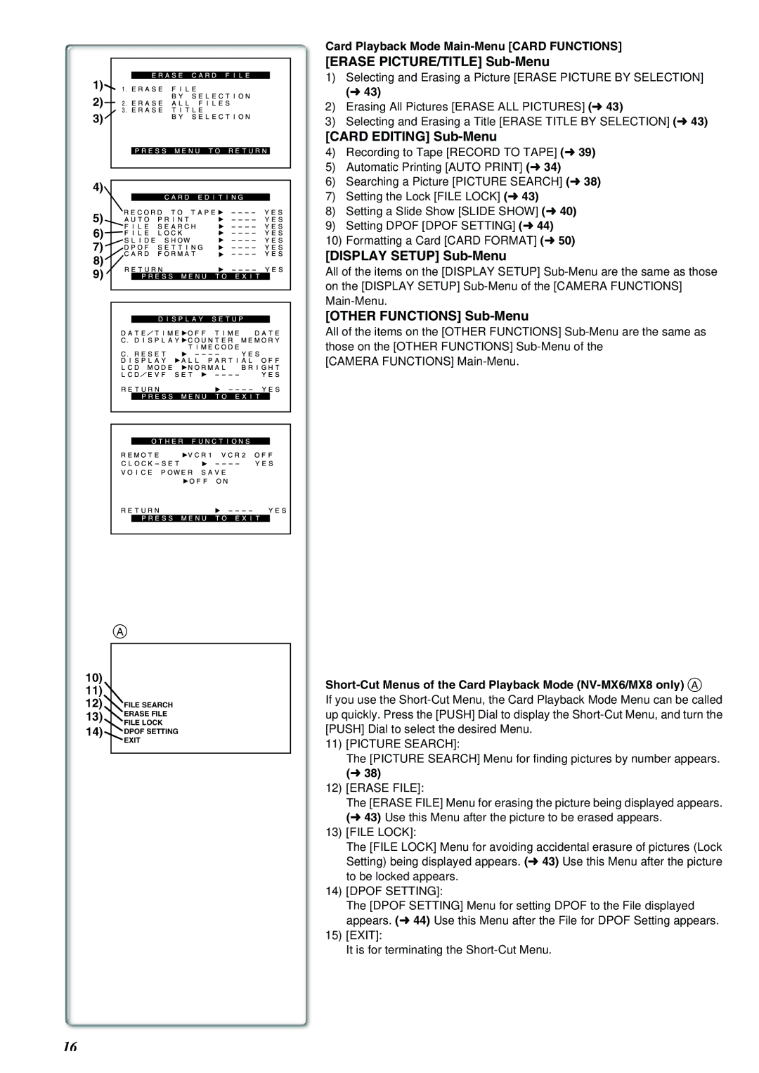 Panasonic NV-MX8A Erase PICTURE/TITLE Sub-Menu, Card Editing Sub-Menu, Card Playback Mode Main-Menu Card Functions 