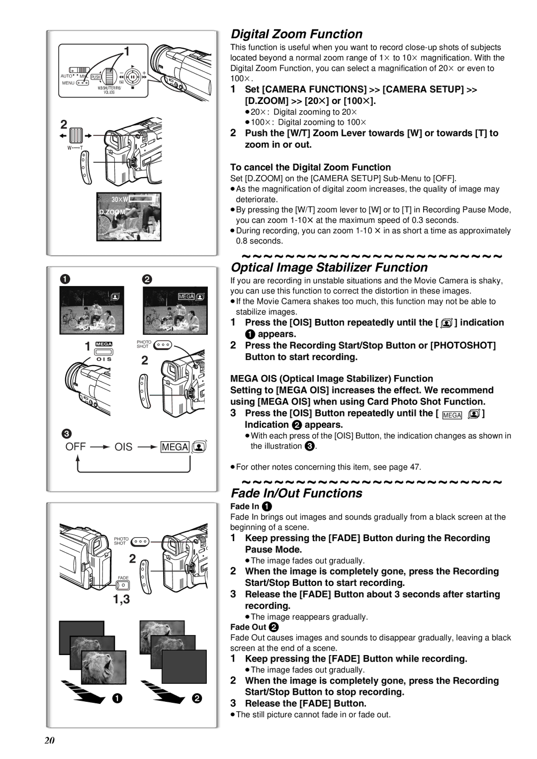 Panasonic NV-MX8A operating instructions Digital Zoom Function, Optical Image Stabilizer Function, Fade In/Out Functions 