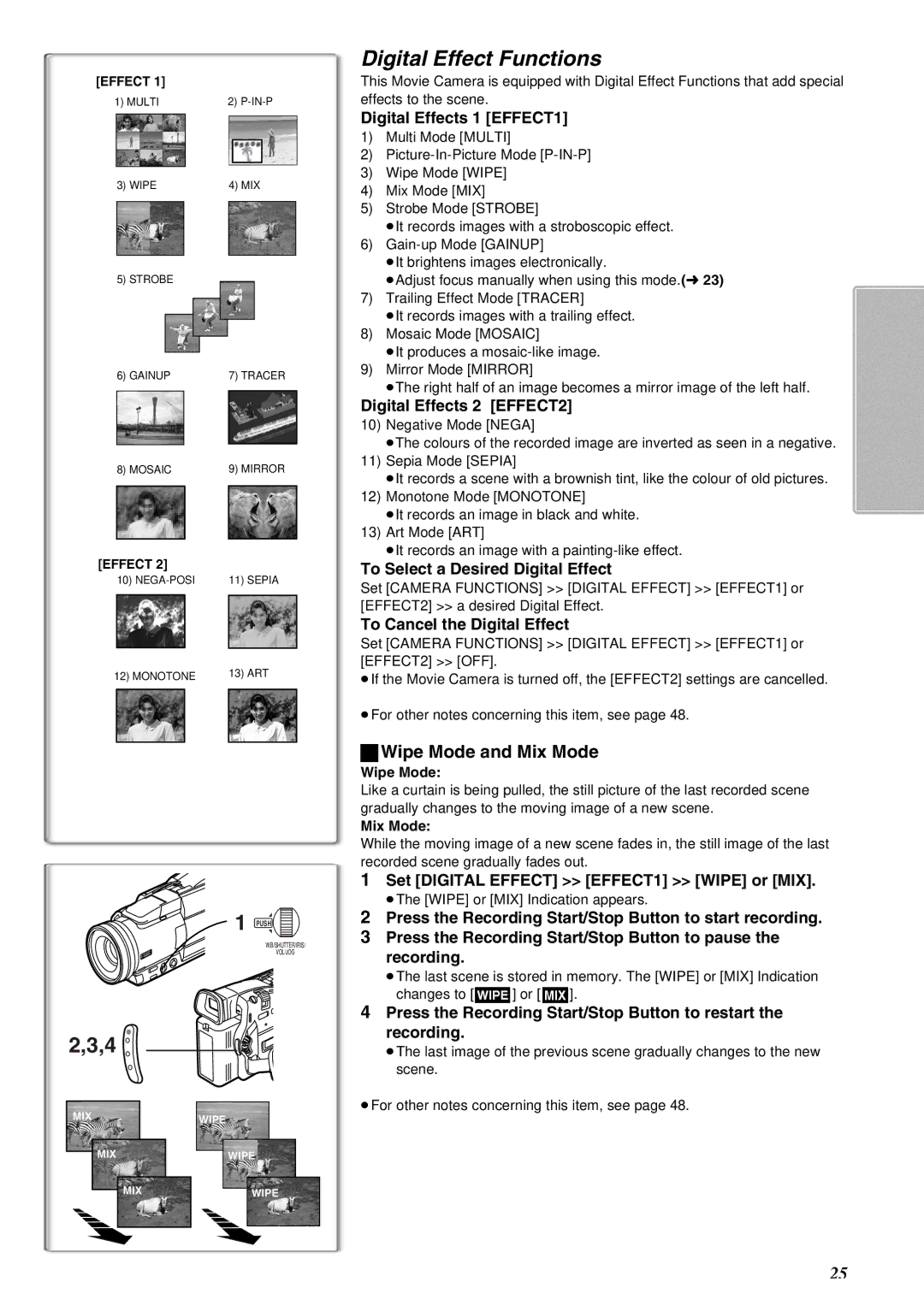 Panasonic NV-MX8A operating instructions Digital Effect Functions, Wipe Mode and Mix Mode 