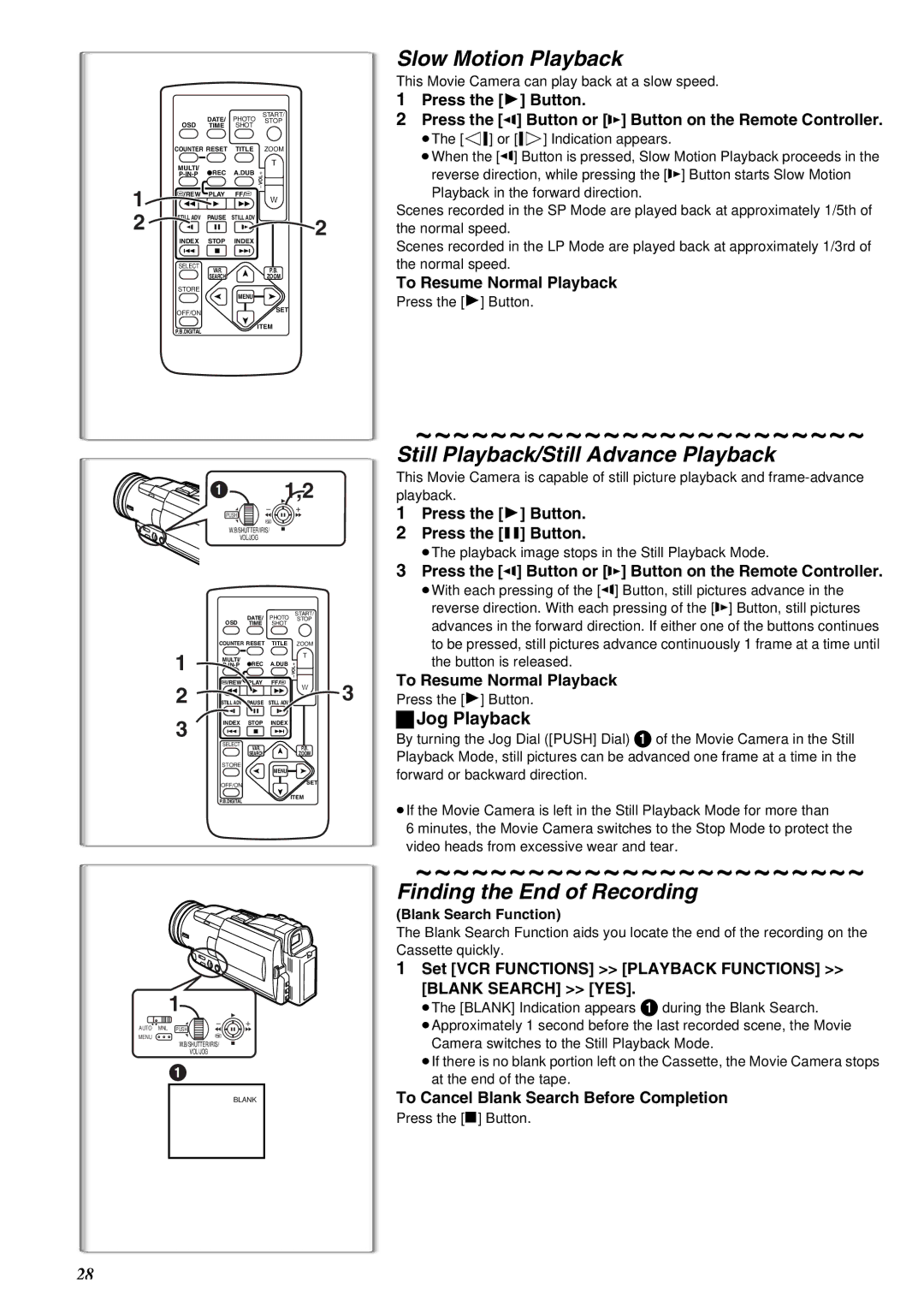 Panasonic NV-MX8A Slow Motion Playback, Still Playback/Still Advance Playback, Finding the End of Recording, ªJog Playback 