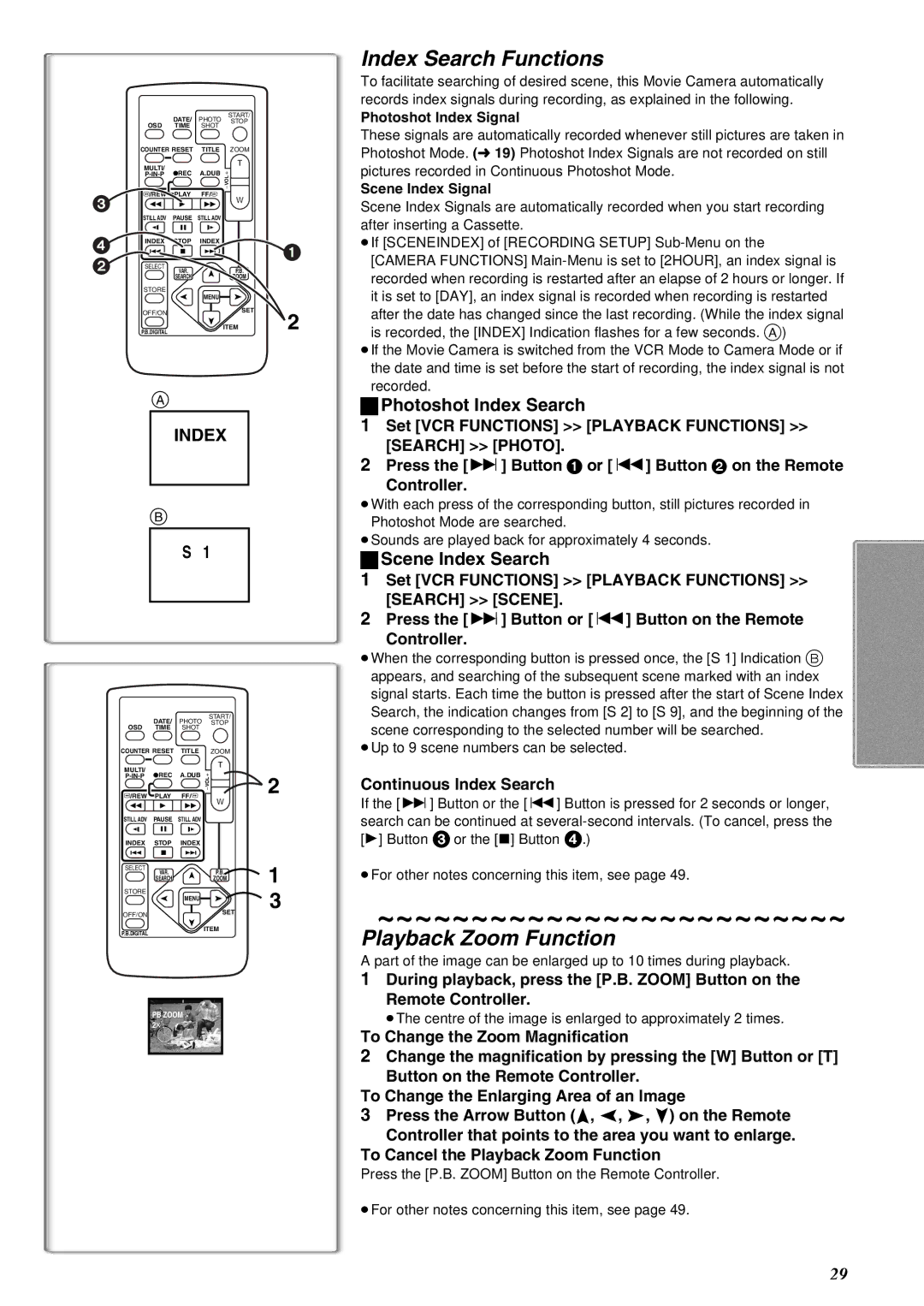 Panasonic NV-MX8A Index Search Functions, Playback Zoom Function, Photoshot Index Search, Scene Index Search 