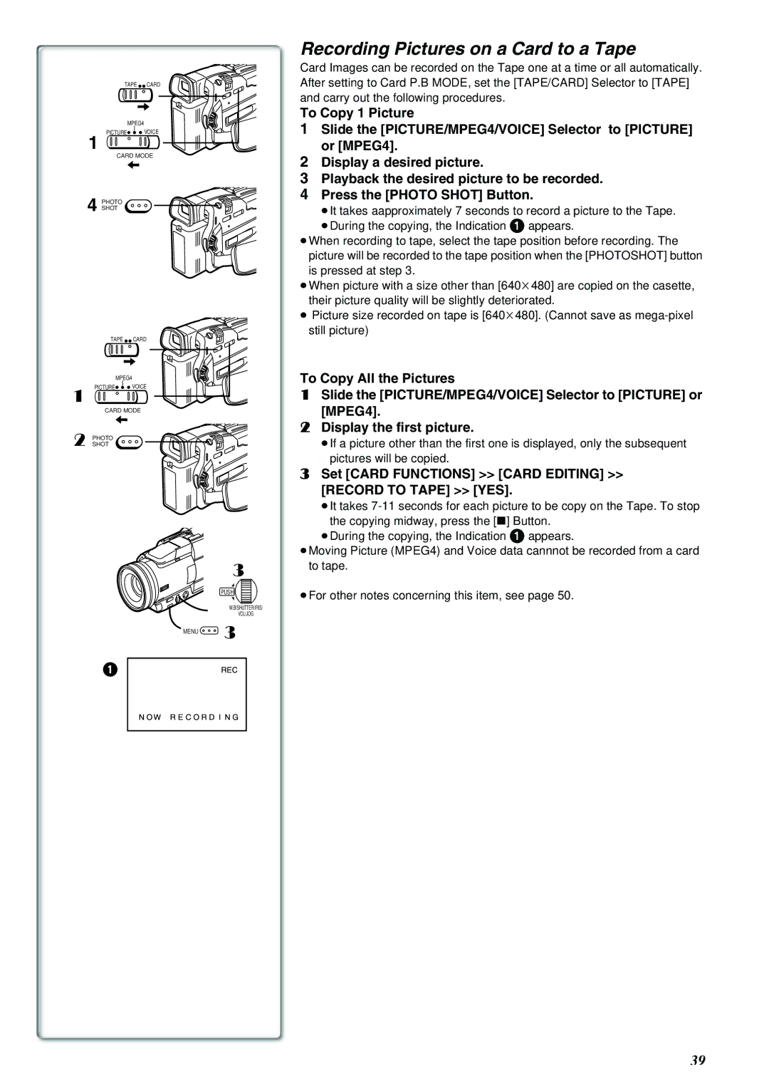 Panasonic NV-MX8A Recording Pictures on a Card to a Tape, Set Card Functions Card Editing Record to Tape YES 