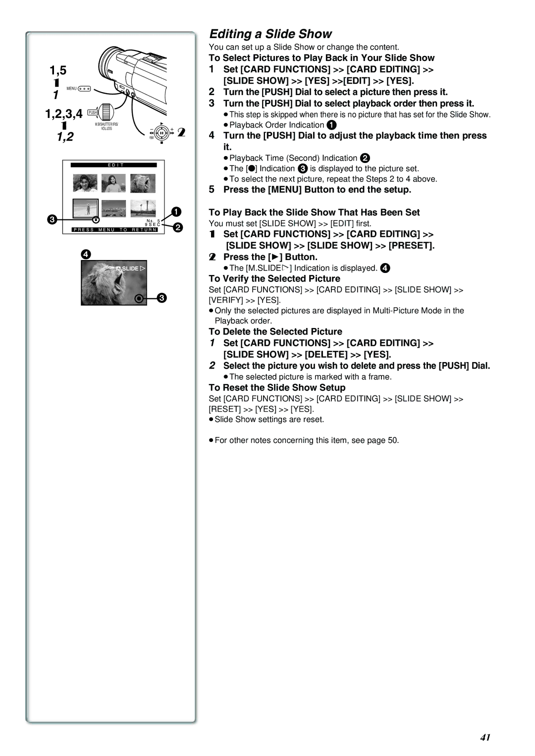 Panasonic NV-MX8A To Verify the Selected Picture, To Delete the Selected Picture, To Reset the Slide Show Setup 