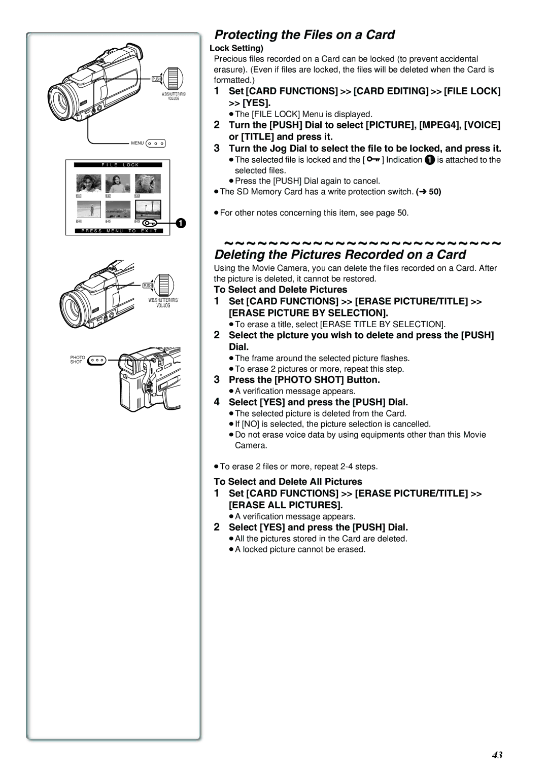 Panasonic NV-MX8A Protecting the Files on a Card, Deleting the Pictures Recorded on a Card, Lock Setting 