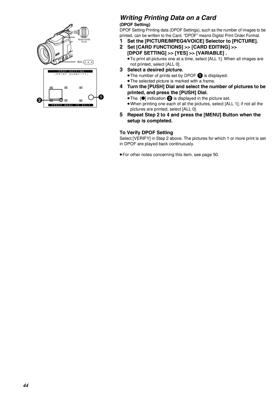 Panasonic NV-MX8A operating instructions Writing Printing Data on a Card, Select a desired picture, Dpof Setting 