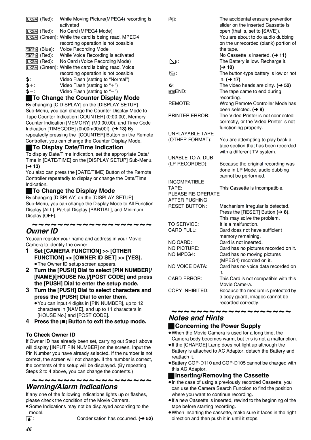 Panasonic NV-MX8A operating instructions Owner ID 