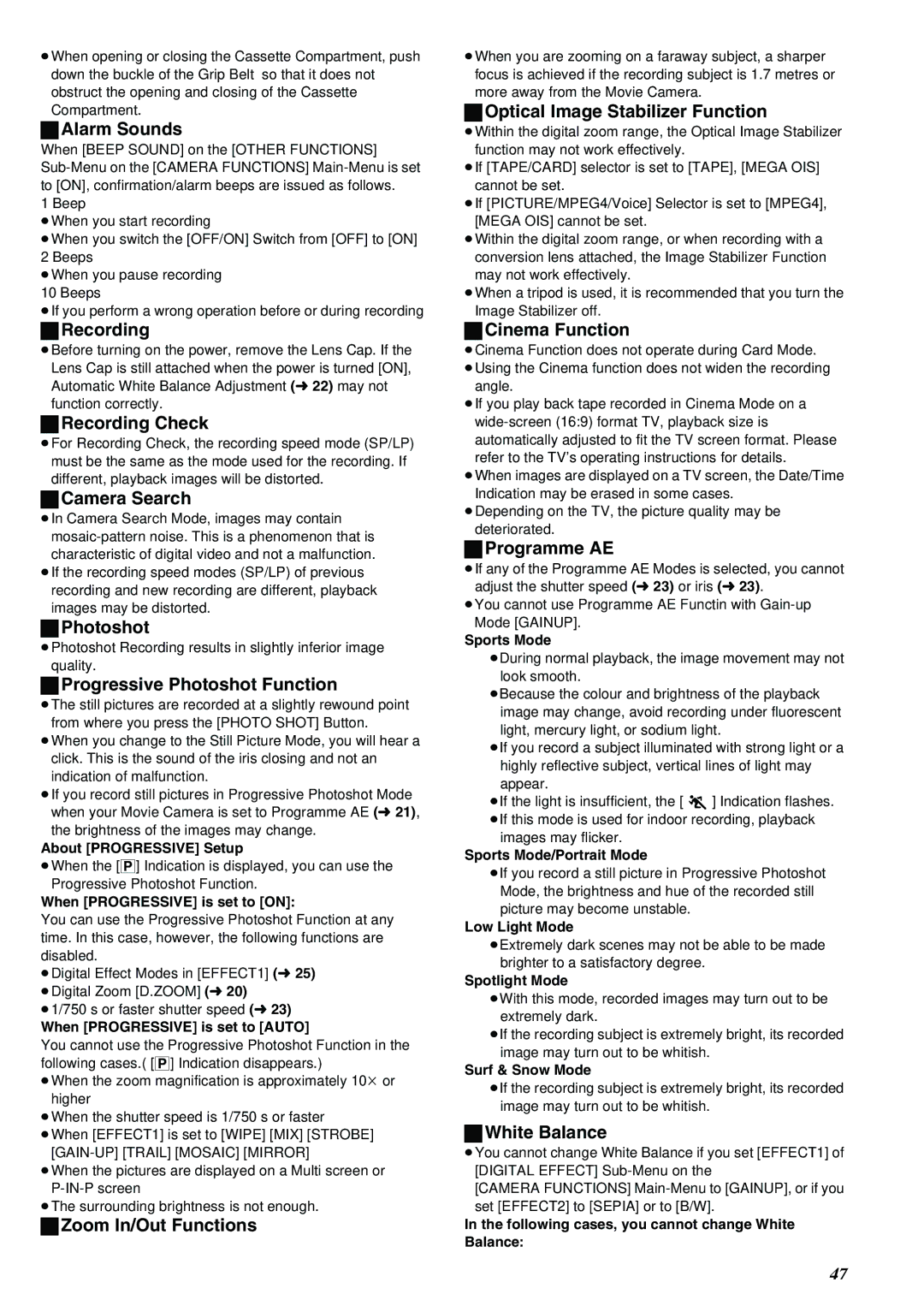 Panasonic NV-MX8A Alarm Sounds, Recording Check, Camera Search, Progressive Photoshot Function, Cinema Function 