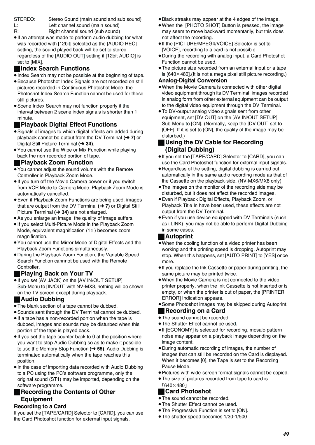 Panasonic NV-MX8A Index Search Functions, Playback Digital Effect Functions, Playback Zoom Function, Audio Dubbing 