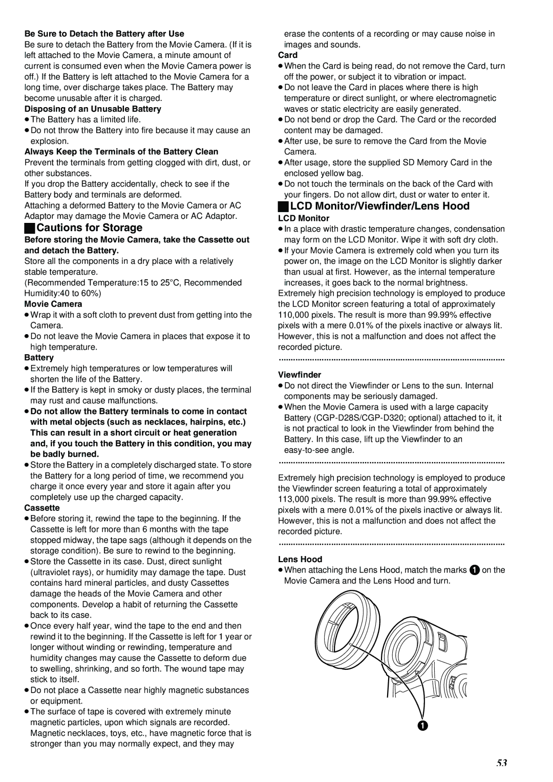 Panasonic NV-MX8A operating instructions LCD Monitor/Viewfinder/Lens Hood 