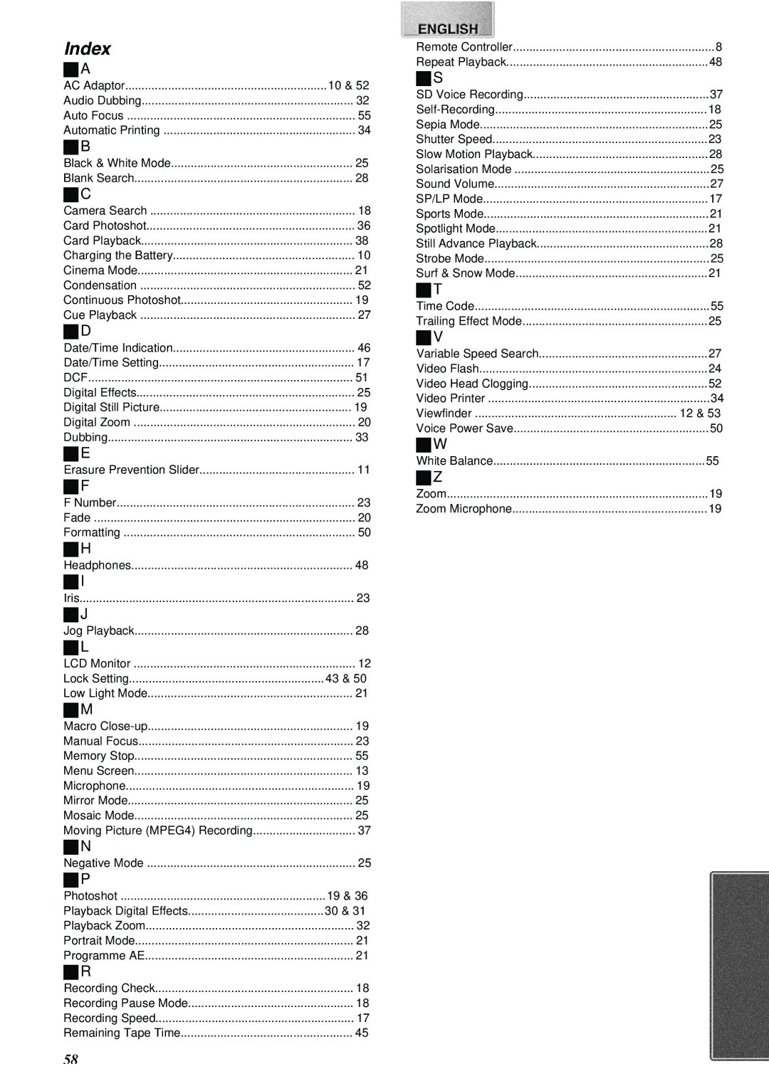 Panasonic NV-MX8A operating instructions Index, Remote Controller, SP/LP Mode 