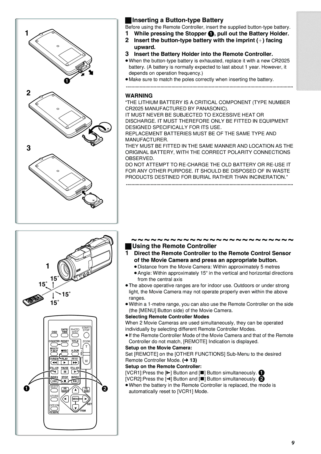 Panasonic NV-MX8A operating instructions Inserting a Button-type Battery, 15˚ 15˚, Using the Remote Controller 