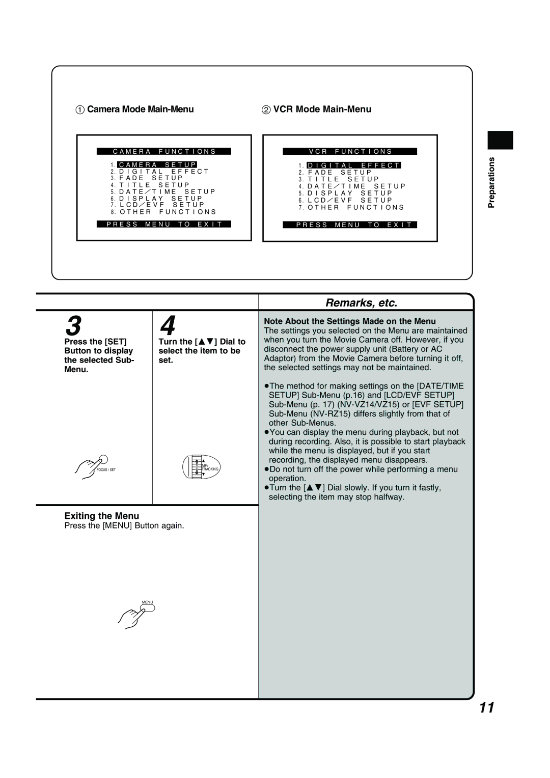 Panasonic NV RZ 15 B operating instructions Camera Mode Main-Menu, VCR Mode Main-Menu, Exiting the Menu 