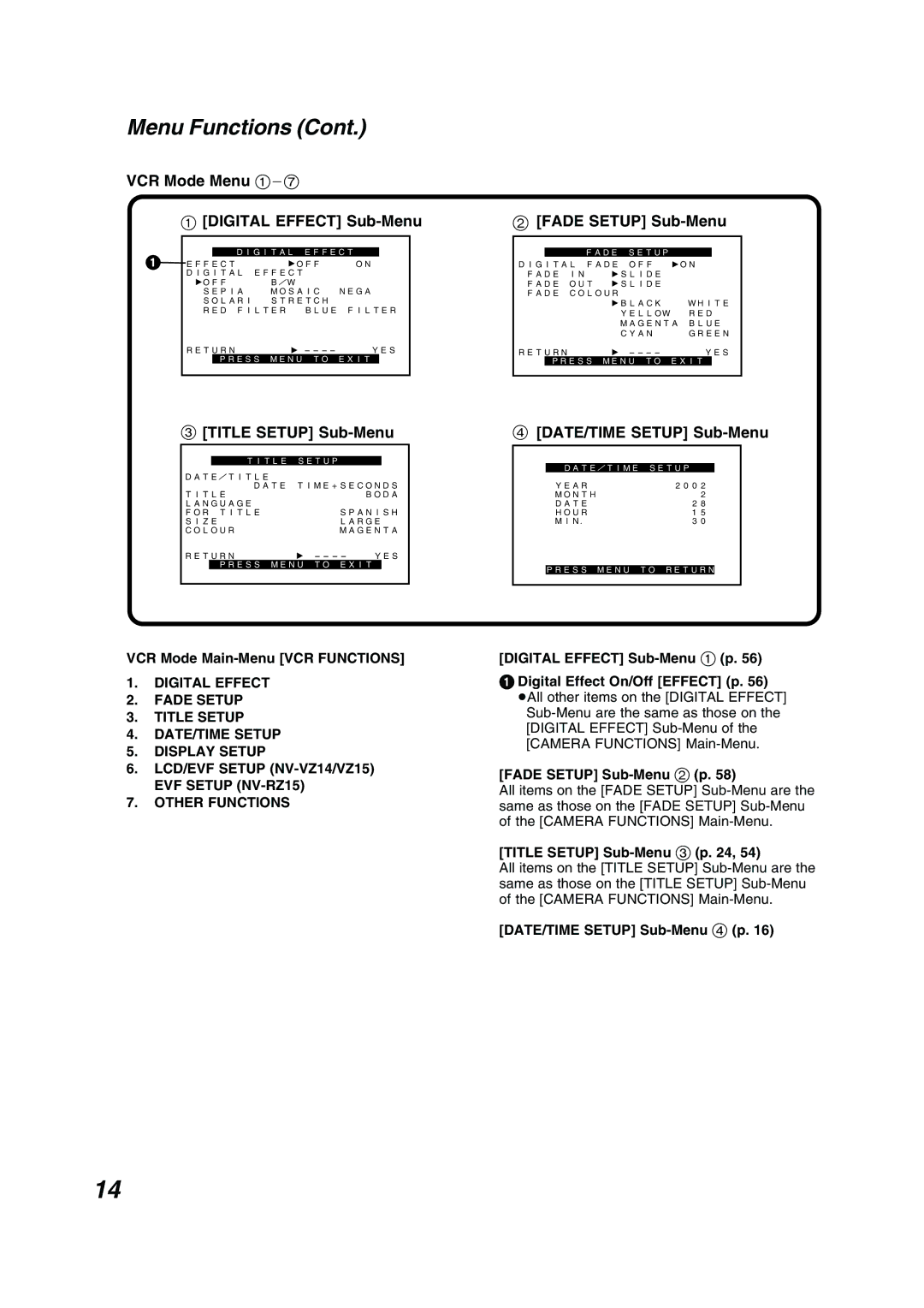 Panasonic NV RZ 15 B operating instructions VCR Mode Menu 1`7 Digital Effect Sub-Menu, DATE/TIME Setup Sub-Menu 