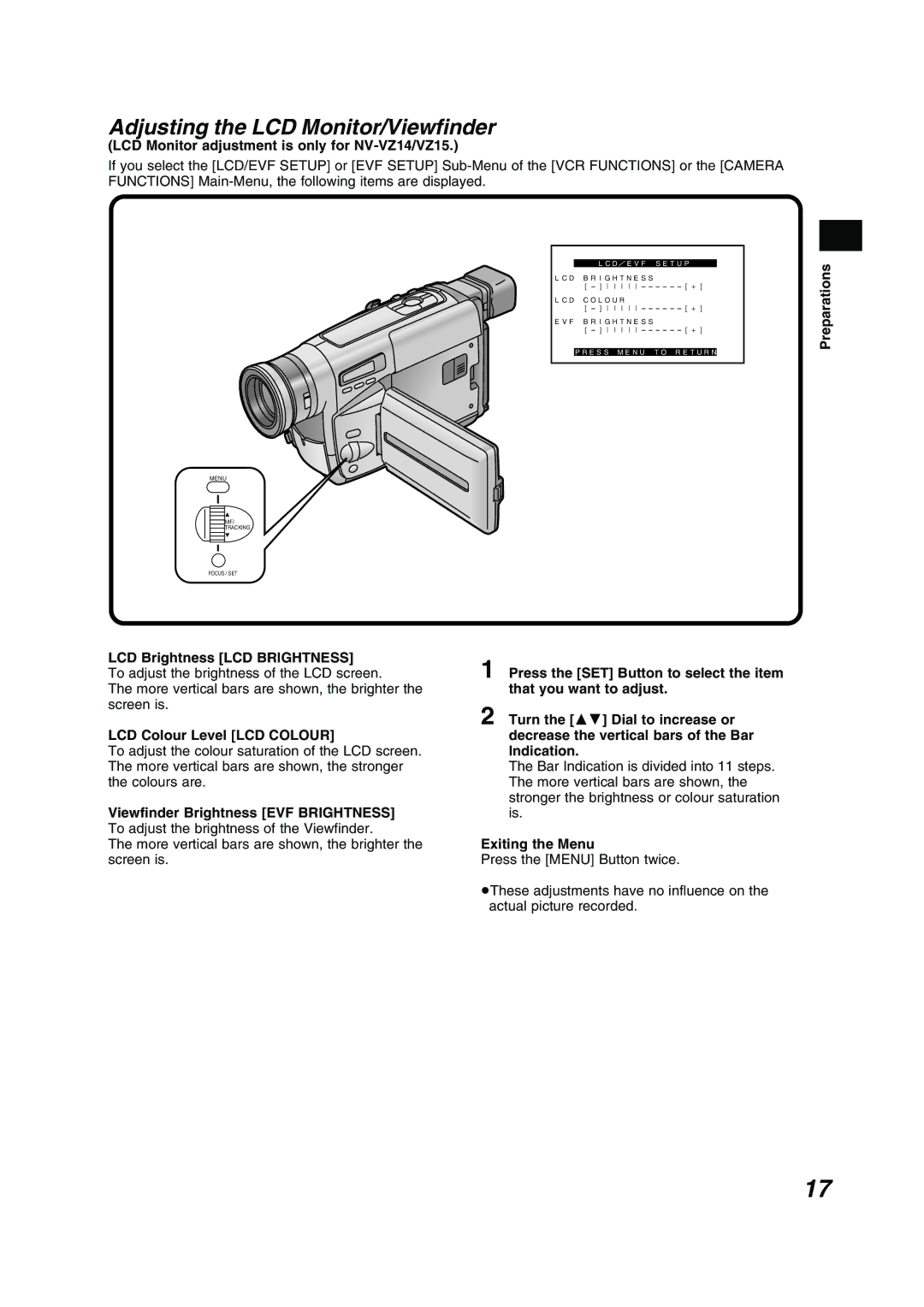 Panasonic NV RZ 15 B Adjusting the LCD Monitor/Viewfinder, LCD Monitor adjustment is only for NV-VZ14/VZ15 