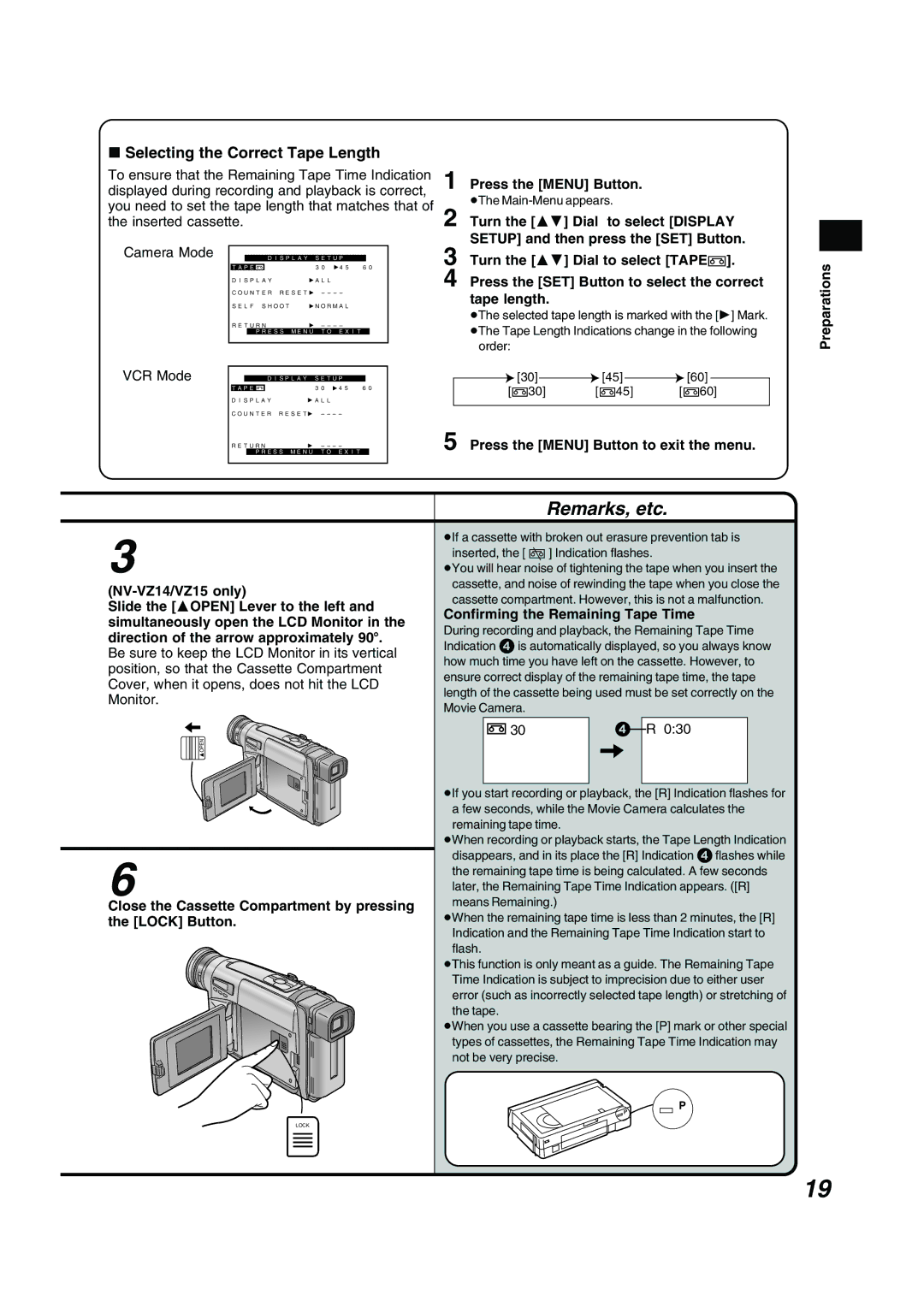 Panasonic NV RZ 15 B Selecting the Correct Tape Length, Press the Menu Button, Confirming the Remaining Tape Time 