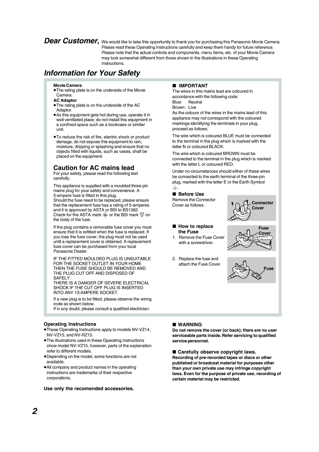 Panasonic NV RZ 15 B operating instructions Information for Your Safety 