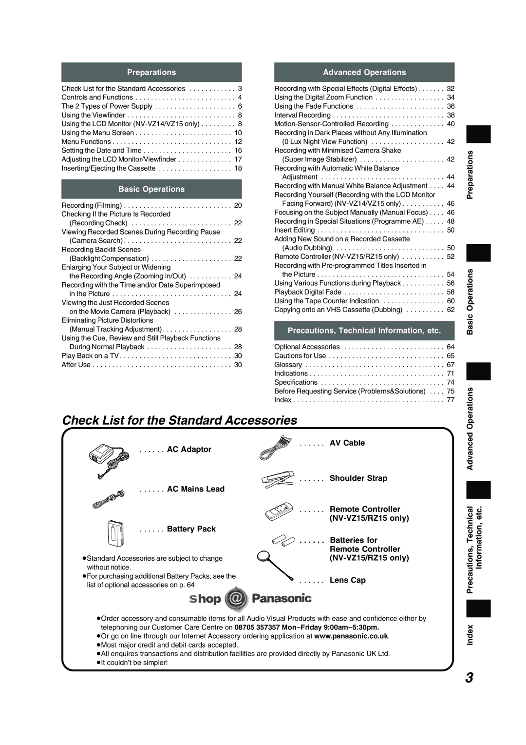 Panasonic NV RZ 15 B Check List for the Standard Accessories, Preparations Basic Operations, AC Mains Lead, Index 