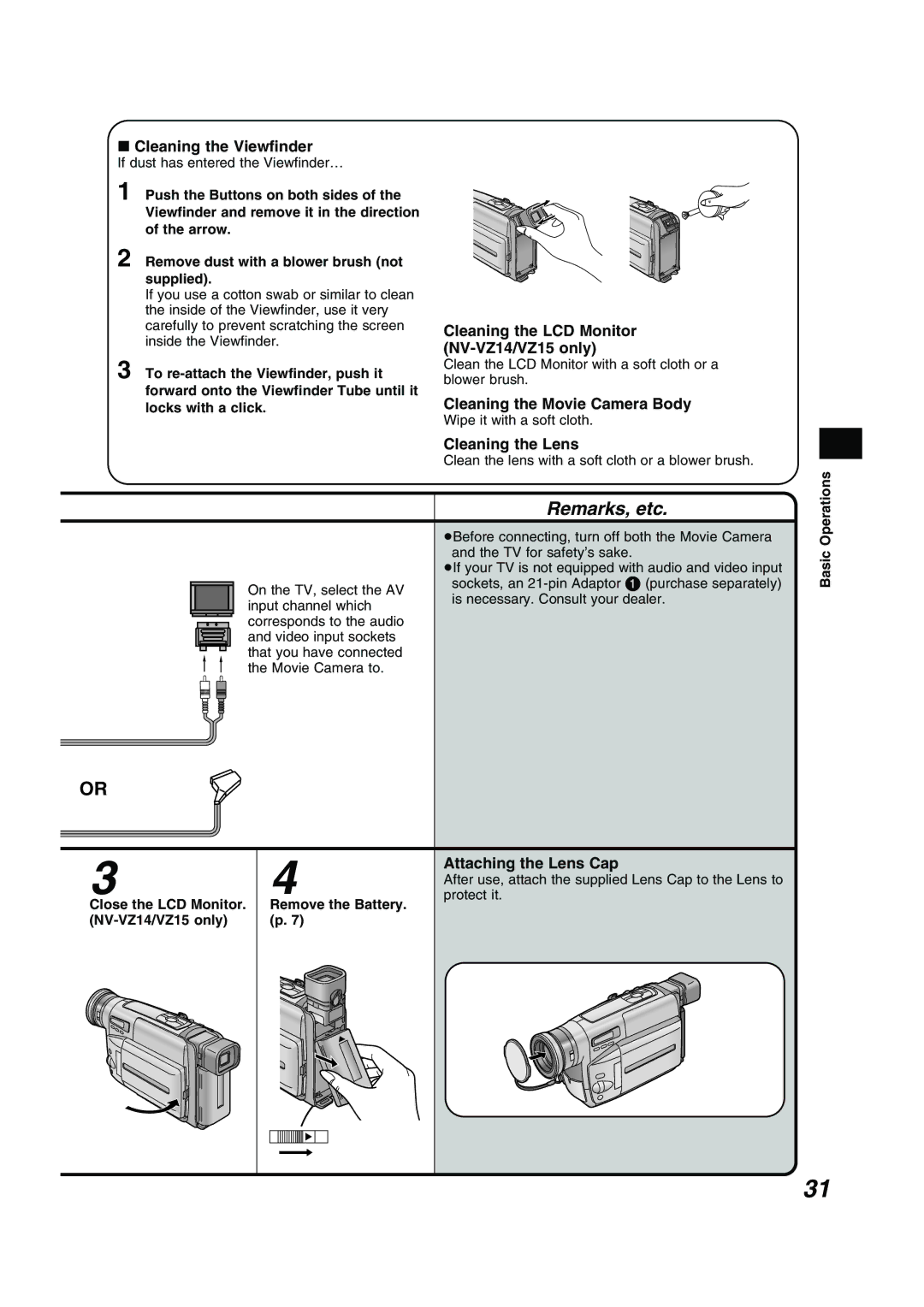 Panasonic NV RZ 15 B Cleaning the Viewfinder, Cleaning the LCD Monitor NV-VZ14/VZ15 only, Cleaning the Movie Camera Body 