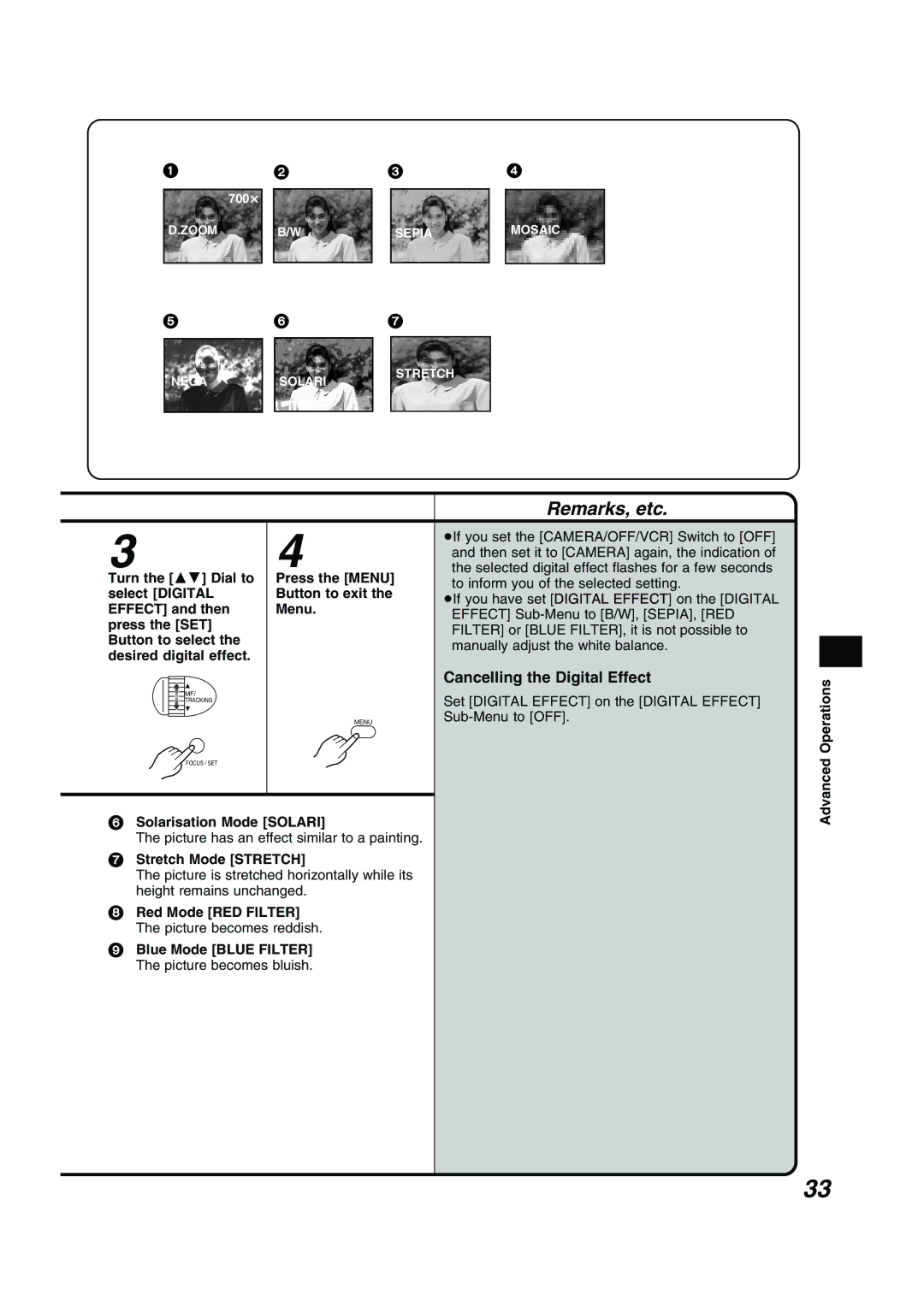 Panasonic NV RZ 15 B Cancelling the Digital Effect, Press the Menu Button to exit the Menu, Stretch Mode Stretch 