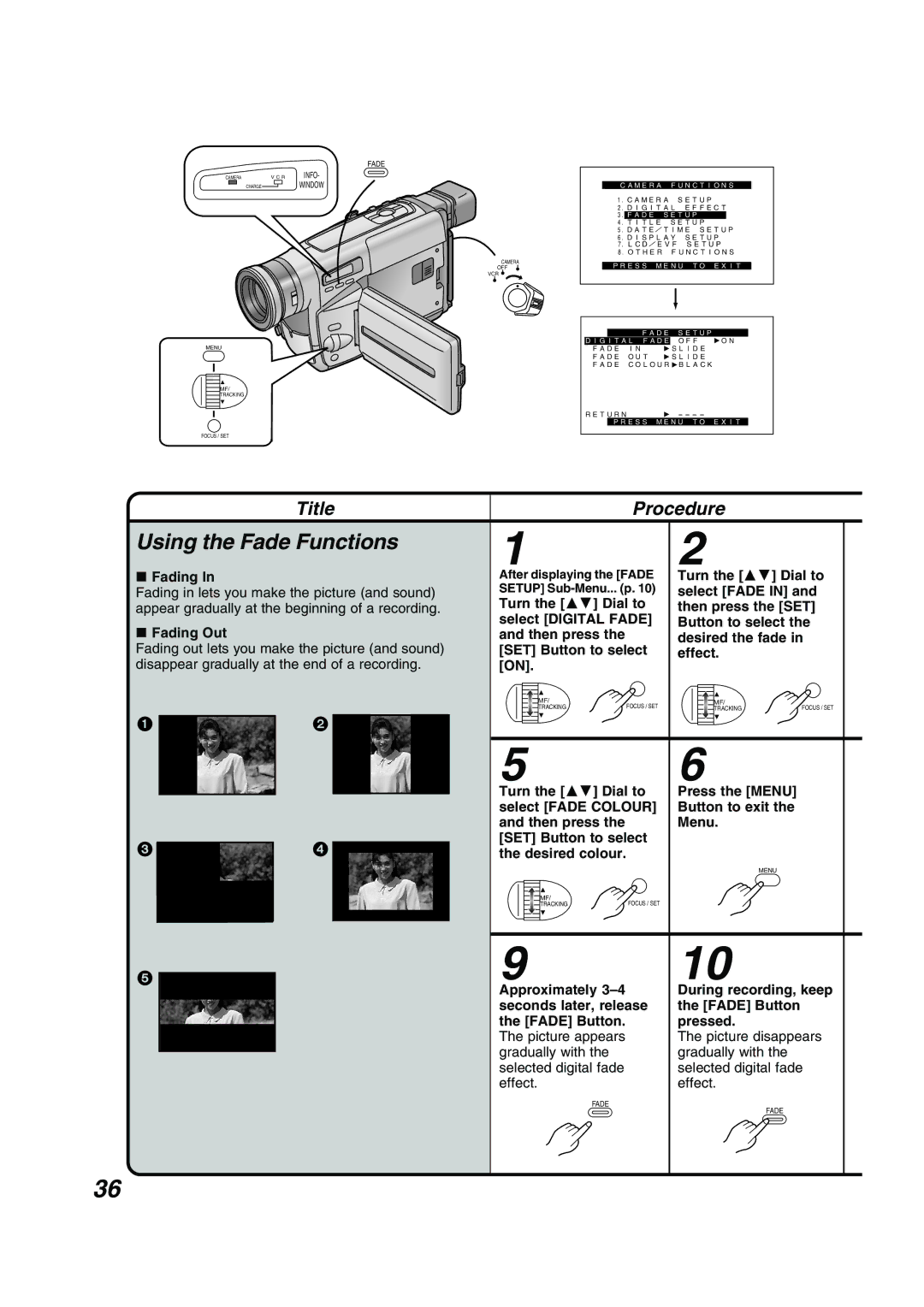 Panasonic NV RZ 15 B Using the Fade Functions, Fading, Picture disappears Gradually with, Selected digital fade Effect 