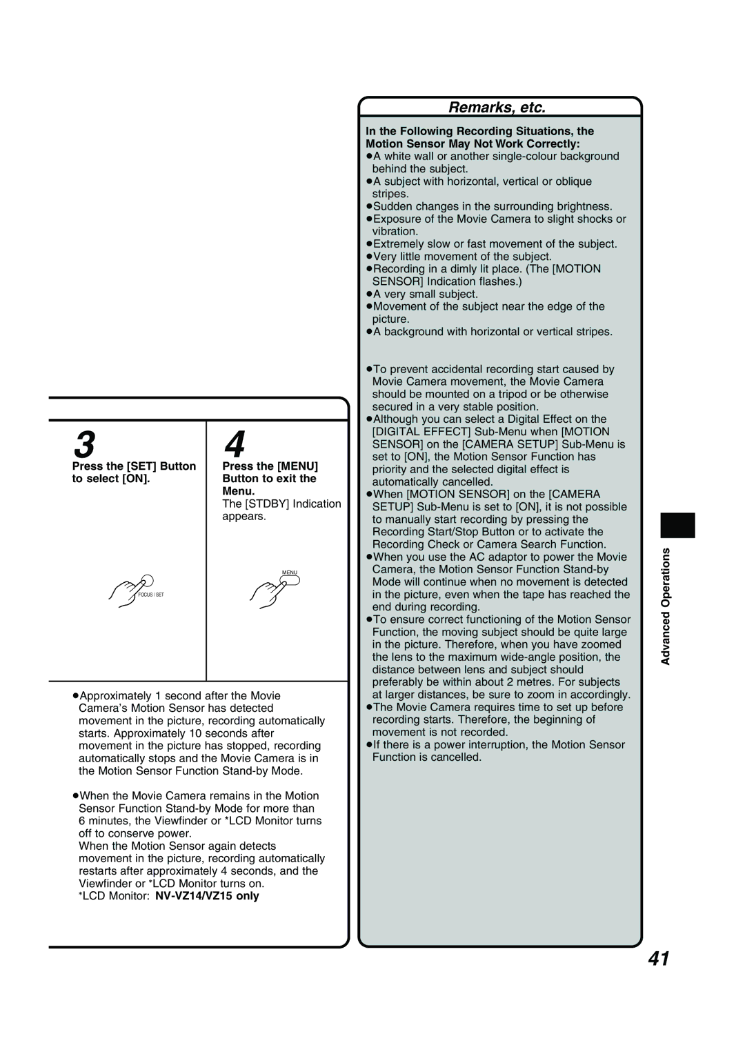 Panasonic NV RZ 15 B Press the SET Button to select on, Operations, LCD Monitor NV-VZ14/VZ15 only, Advanced 