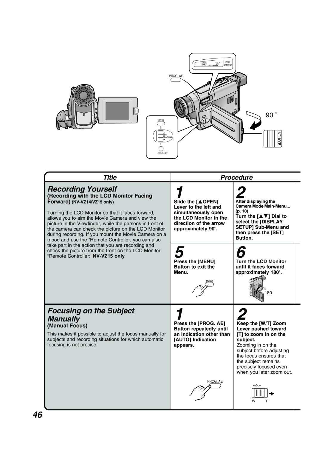 Panasonic NV RZ 15 B Recording Yourself, Focusing on the Subject Manually, Recording with the LCD Monitor Facing 