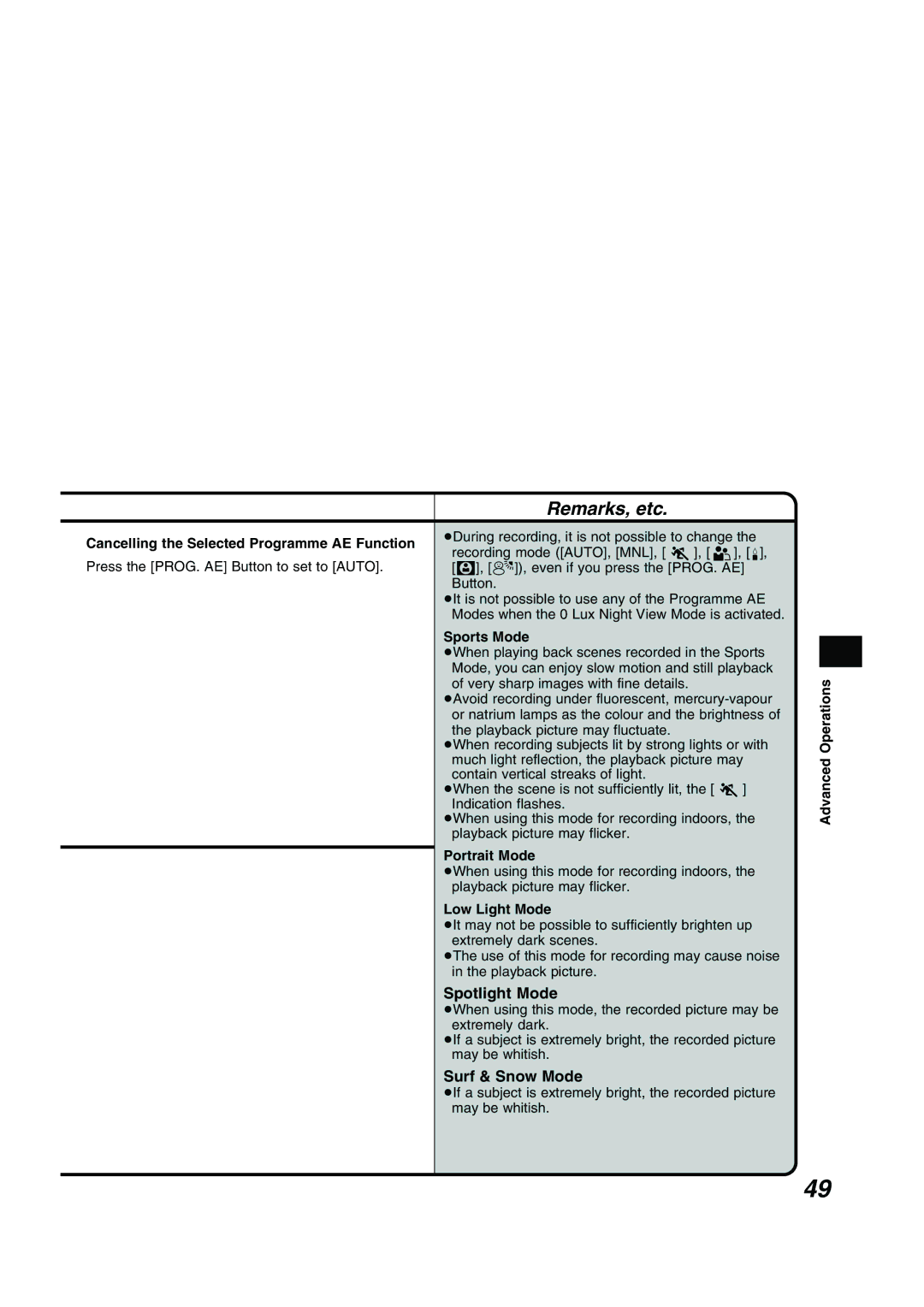 Panasonic NV RZ 15 B operating instructions Spotlight Mode, Surf & Snow Mode, Cancelling the Selected Programme AE Function 