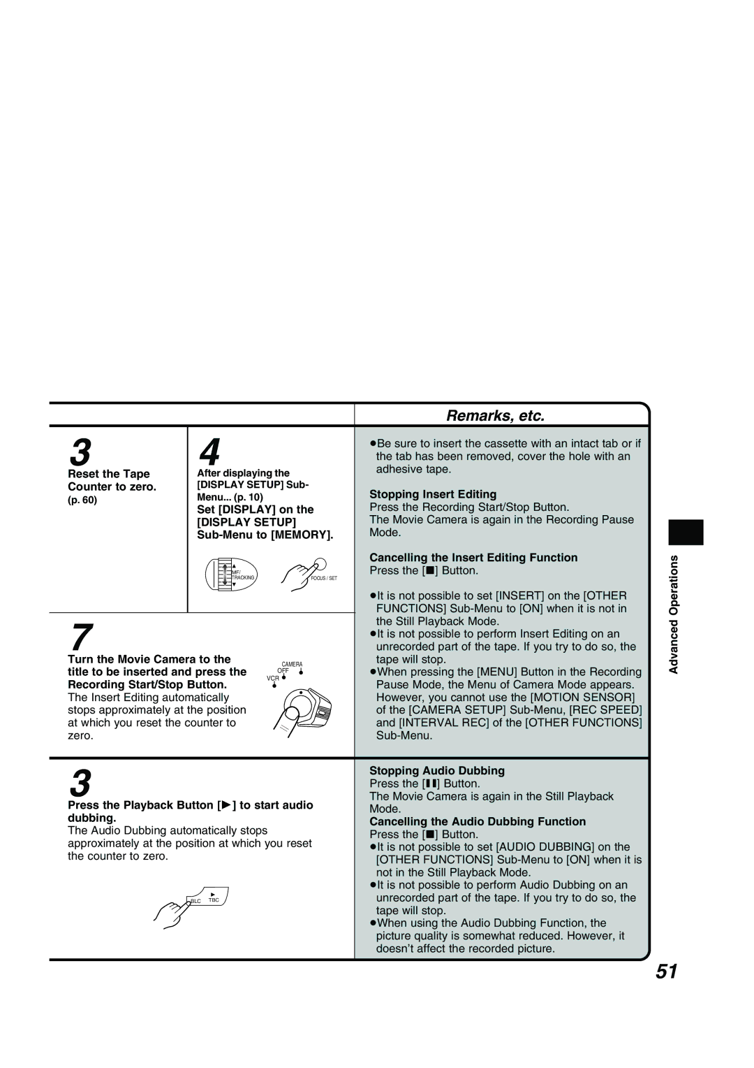 Panasonic NV RZ 15 B operating instructions Reset the Tape Counter to zero, Set Display on Display Setup Sub-Menu to Memory 