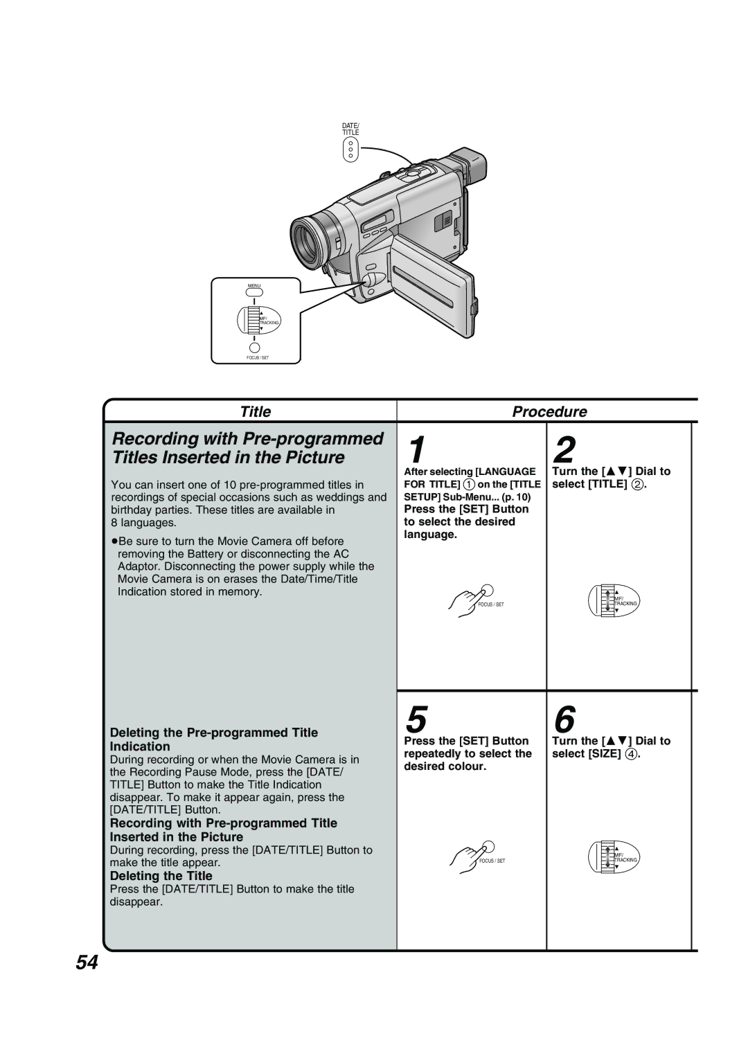 Panasonic NV RZ 15 B Titles Inserted in the Picture, Deleting the Pre-programmed Title Indication, Deleting the Title 