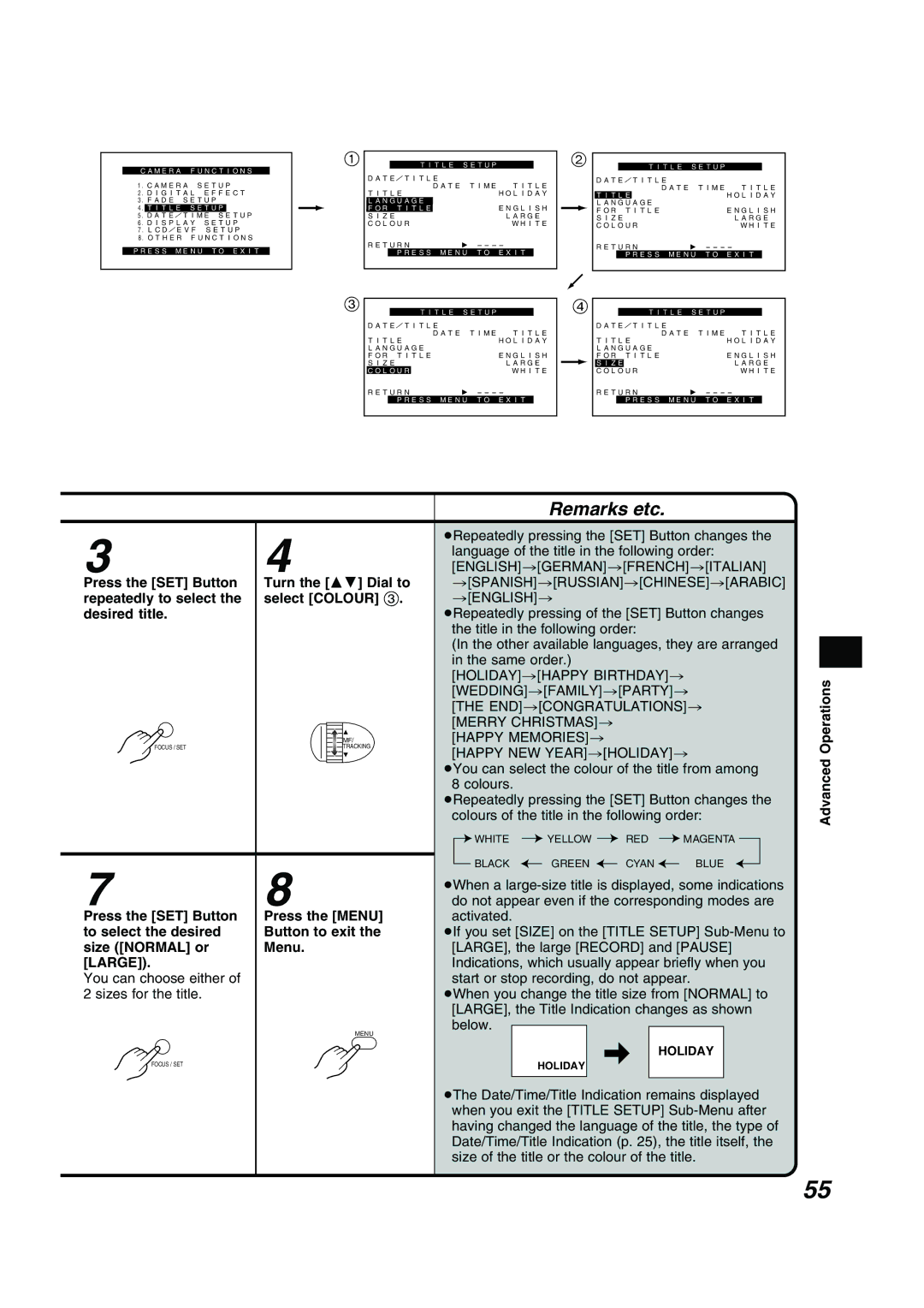 Panasonic NV RZ 15 B Press the SET Button repeatedly to select the desired title, Turn the 34 Dial to select Colour 