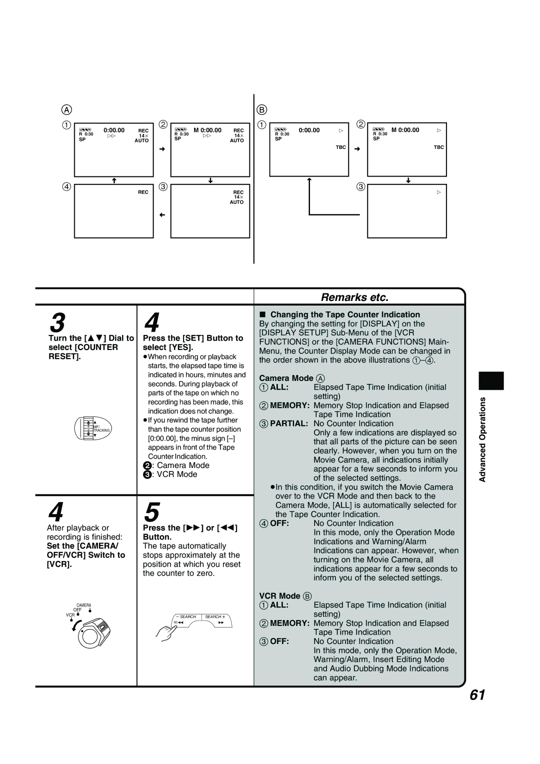 Panasonic NV RZ 15 B operating instructions Reset, Counter to zero, VCR Mode B, 1ALL, Setting 