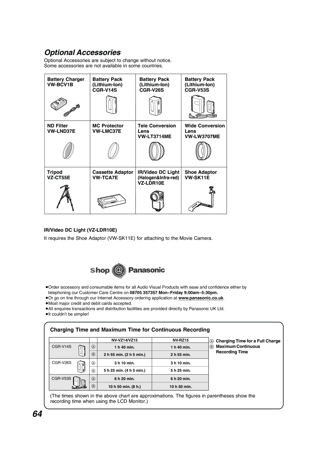 Panasonic NV RZ 15 B operating instructions Optional Accessories 