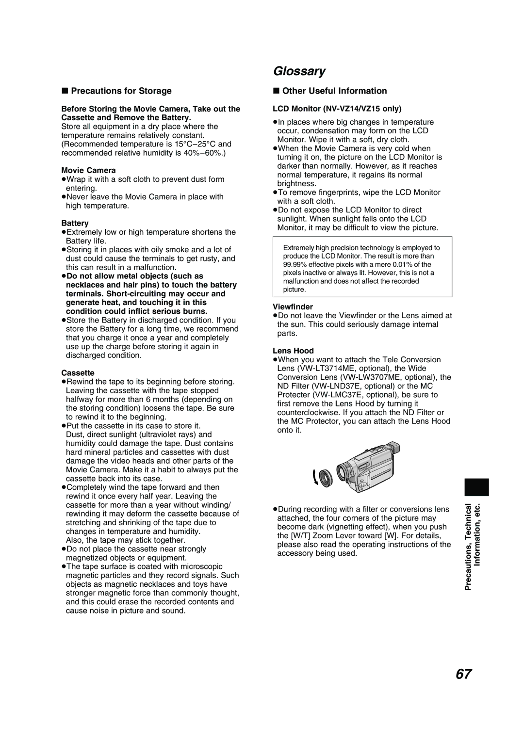 Panasonic NV RZ 15 B operating instructions Glossary, Precautions for Storage, Other Useful Information 