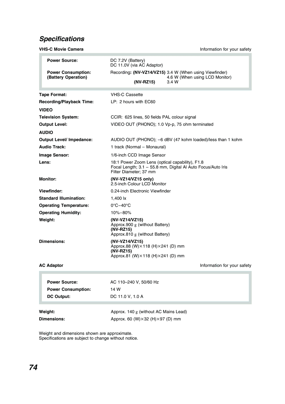 Panasonic NV RZ 15 B operating instructions Specifications, Video, Audio 