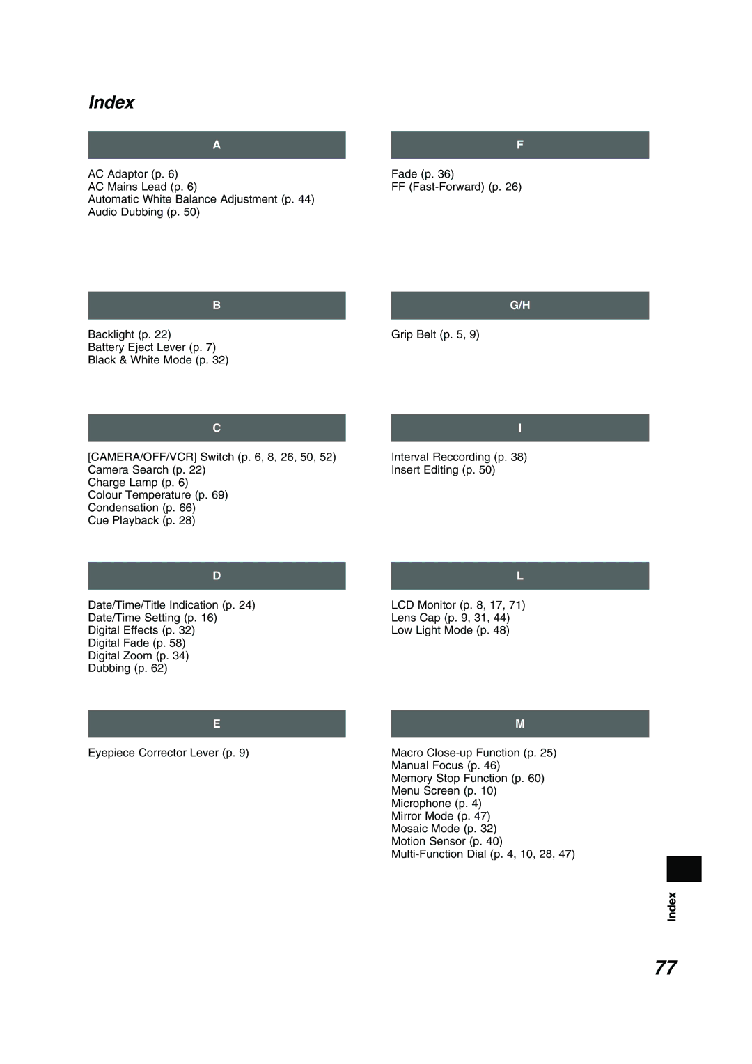 Panasonic NV RZ 15 B operating instructions Index 