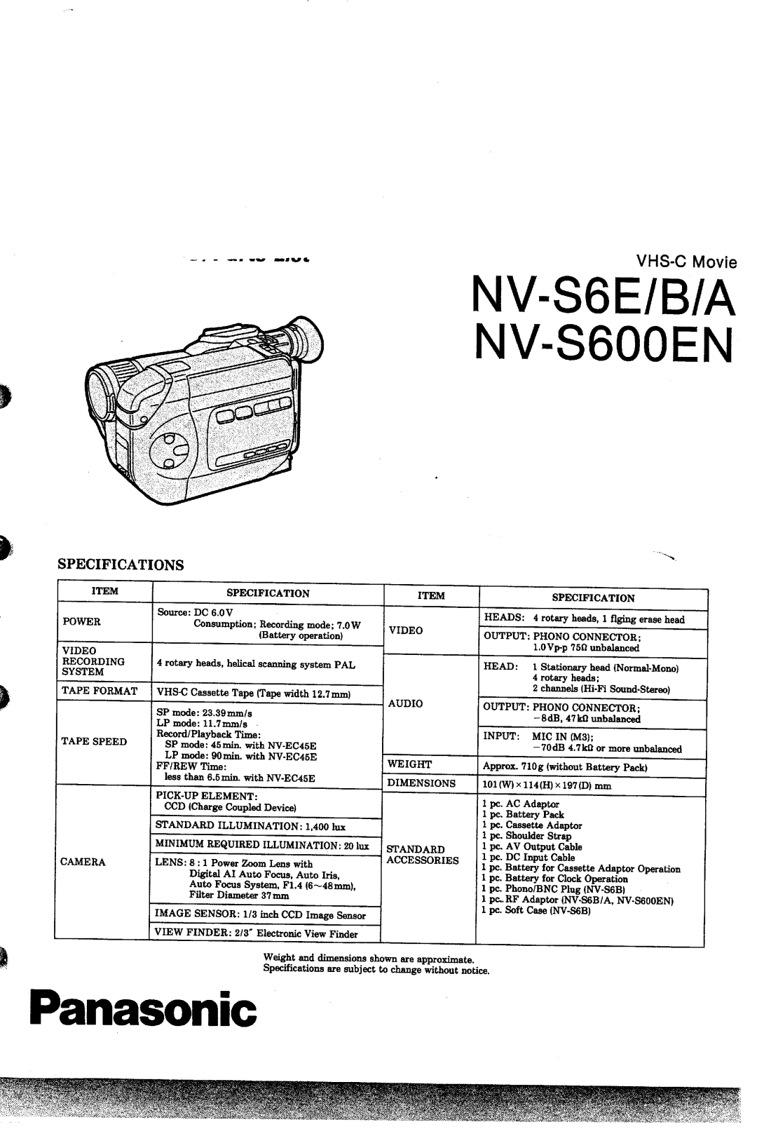 Panasonic NV-S6E/B/A, NV-S600EN manual 