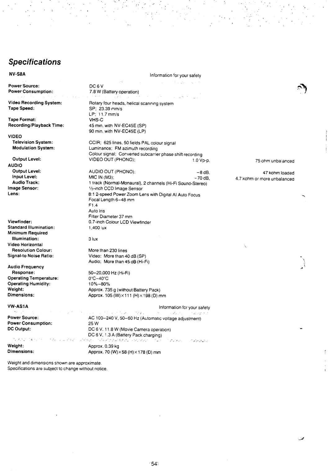 Panasonic NV-S8A manual 