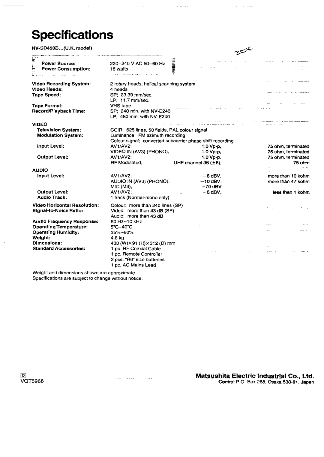 Panasonic NV-SD450B manual 