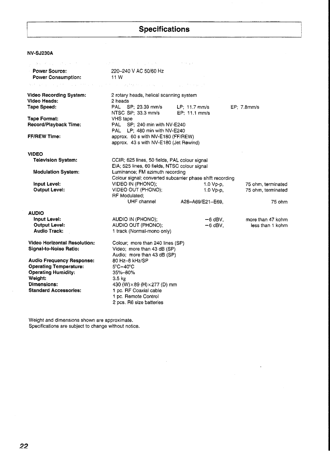 Panasonic NV-SJ230A manual 