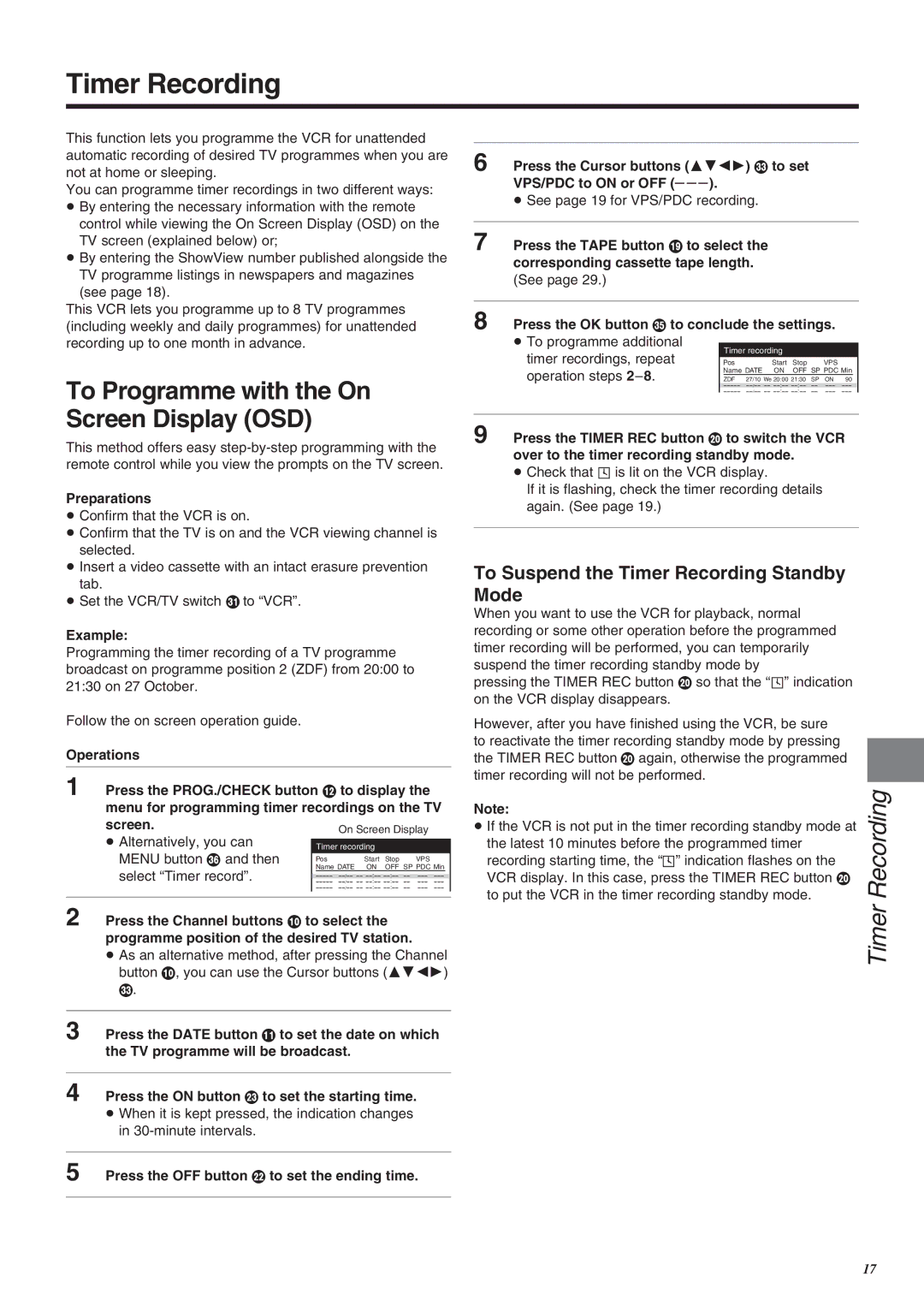 Panasonic NV-SJ260 operating instructions Timer Recording, To Programme with the On Screen Display OSD, Example 