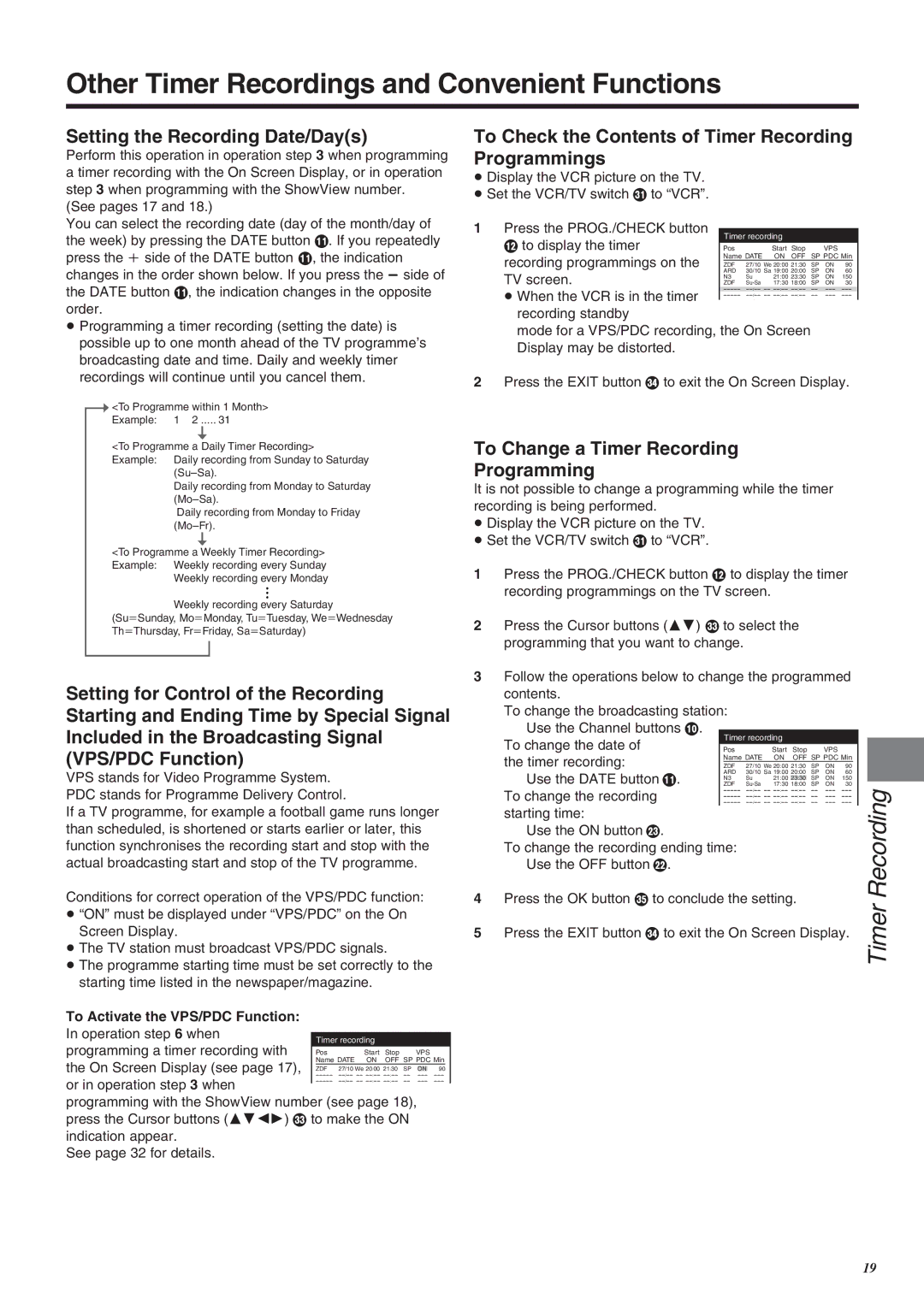 Panasonic NV-SJ260 operating instructions Other Timer Recordings and Convenient Functions, Setting the Recording Date/Days 