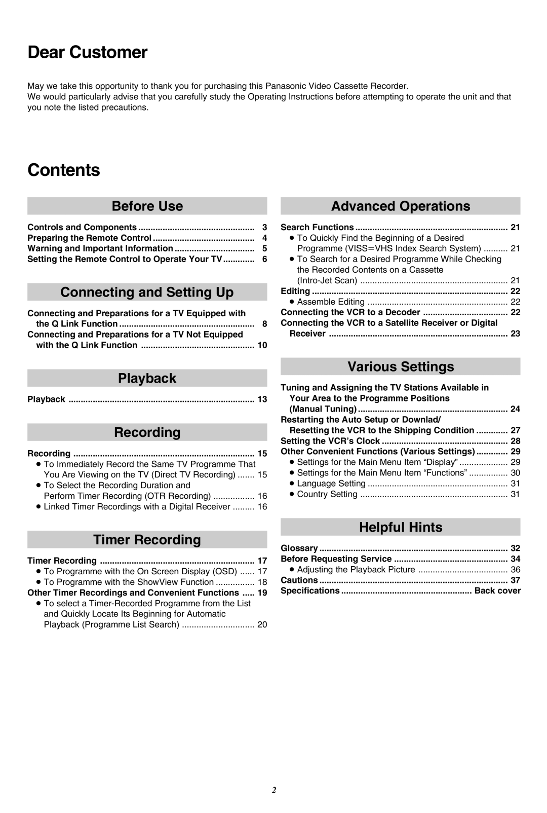 Panasonic NV-SJ260 operating instructions Dear Customer, Contents 